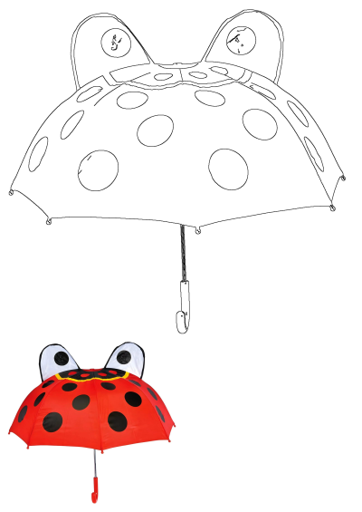 A charming ladybug umbrella with eyes and ears, depicted as a black and white line art drawing and a vibrant red spotted umbrella.