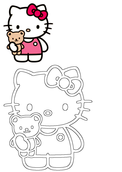 Hello Kitty with a pink bow and shirt, holding a teddy bear. Features a vibrant colored image and a clean black outline drawing.