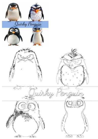 Quirky Penguin Characters Funny Cartoon Birds in both colorful illustrations and black-and-white outline drawings, expressing various moods.