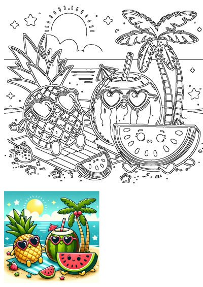 Cartoon summer beach scene: happy pineapple, coconut drink, and watermelon with sunglasses by the ocean and a palm tree.
