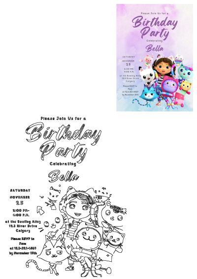 Bella's Gabby's Dollhouse themed birthday party invitation flyer with popular characters and full event details.