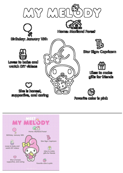 My Melody Sanrio character poster featuring her profile: birthday, home, hobbies, and personality. Includes a coloring page version.