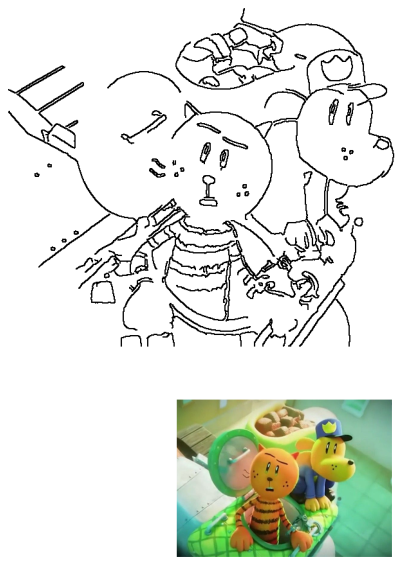 Outline drawing of Dog Man and Cat Kid toy figures, capturing the beloved comic book characters for fans to enjoy.