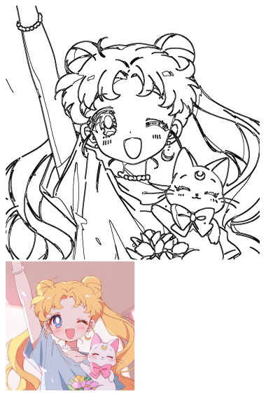 Adorable fan art of Sailor Moon winking and smiling brightly, holding a bouquet, with her loyal white companion cat Luna.