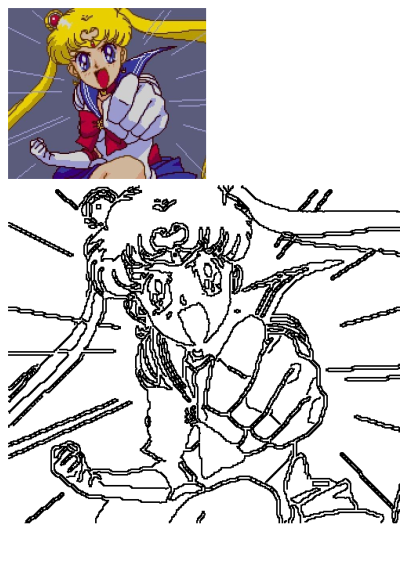 Sailor Moon, an animated woman with blonde hair and blue eyes, rendered in pixel art form mid-punch. Below is a line art outline.