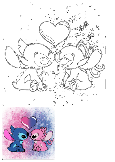 Adorable Lilo & Stitch characters Stitch (blue) and Angel (pink) sharing a tender kiss under a heart on a starry pink and blue background.
