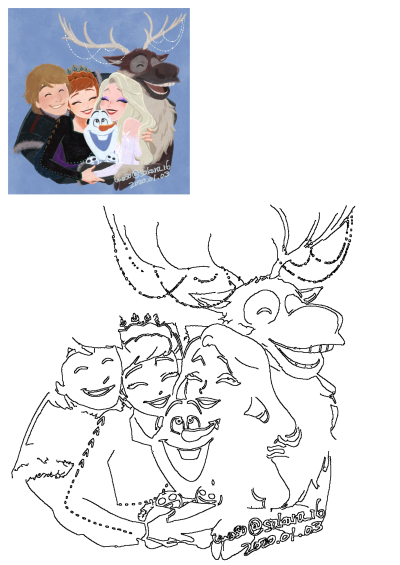 Artwork of the Frozen family: Kristoff, Anna, Elsa, Olaf, and Sven, happily embracing in a heartwarming group hug.