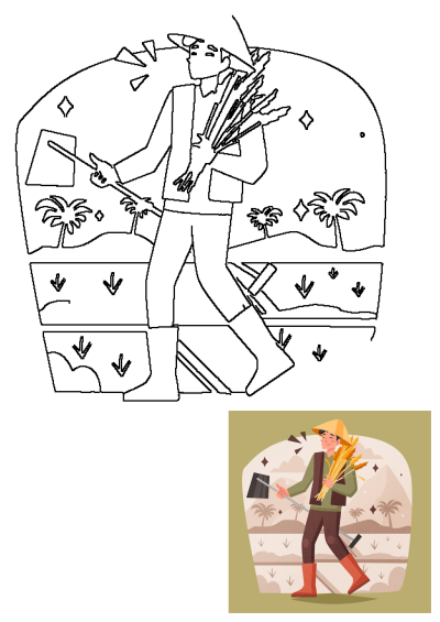 Outline illustration of a farmer in a conical hat, harvesting wheat stalks and holding a hoe in a field with palm trees.