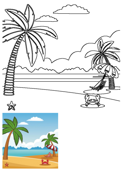 A cartoon beach scene showcasing palm trees, an umbrella, crab, and starfish, presented alongside its detailed outline drawing.