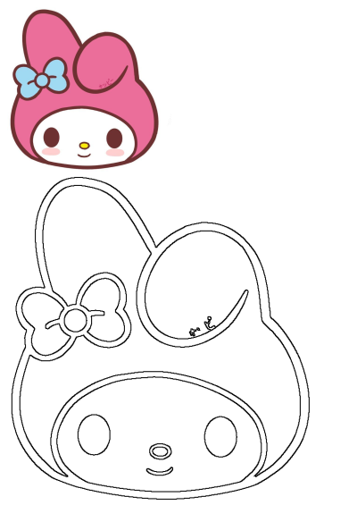 Cute My Melody character with a pink hood and blue bow, presented alongside a blank kawaii cartoon outline.
