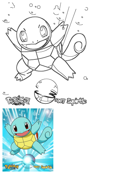 Vibrant illustration of Squirtle, Pokemon #007, a blue and yellow turtle character in an action pose with a glowing Poké Ball. Includes an outline.