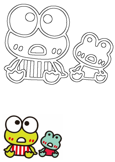 Two cute cartoon frog characters, one large green with a striped shirt and a smaller teal one, are shown in outline and full color.