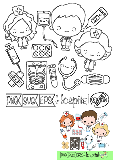 Adorable medical clipart set with cartoon doctors, nurses, hospital equipment, and supplies. Features outline and colored illustrations.