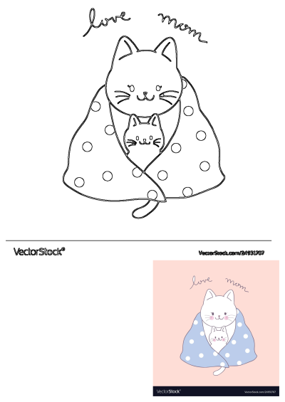 Mother Day Card featuring a cute mama cat and kitten snuggled under a polka-dot blanket, with 'love mom' handwritten text.