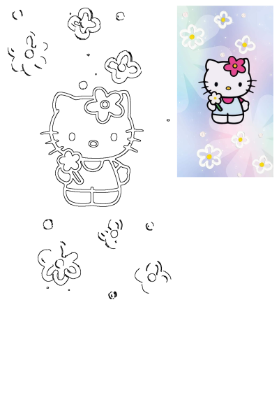 Cute Hello Kitty wallpaper featuring flowers on a pastel background, next to a black and white Hello Kitty outline drawing.