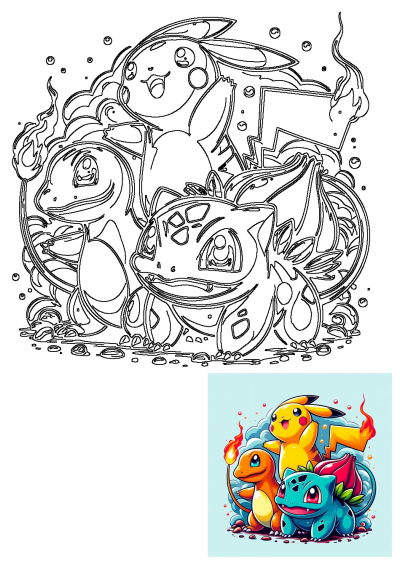 An outline drawing of popular Pokemon characters Charmander, Pikachu, and Bulbasaur, complemented by dynamic fire and cloud elements.