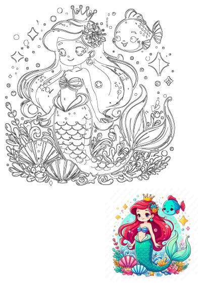 A cute little mermaid princess with red hair and a crown sits undersea, surrounded by vibrant coral, seashells, a friendly fish, and sparkling starfish.
