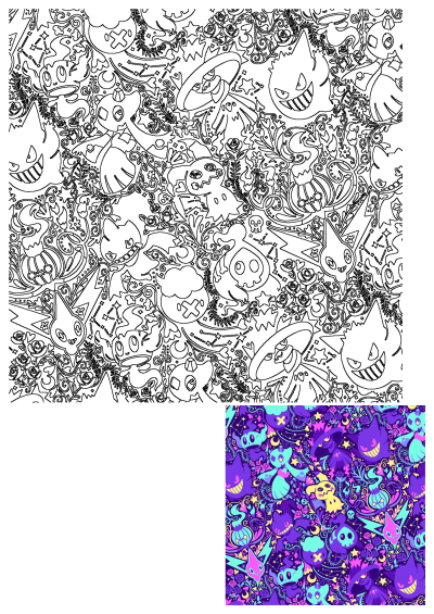 Vibrant purple and blue ghost Pokémon pattern, featuring skulls, stars, moons, and roses for a spooky-cute design.