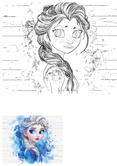 Vibrant Princess Elsa watercolor illustration featuring her iconic braid and blue tones, alongside a detailed line art drawing, perfect for fans.