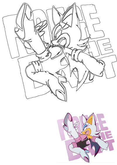 Dynamic artwork of Rouge the Bat in a dancing pose with her name text. Features both line art and a vibrant colored version.