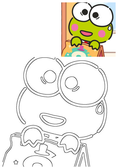 An outline drawing of Keroppi, the cute green frog with big eyes, holding a bag, ready for fans to color.
