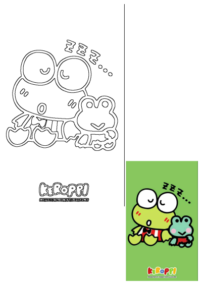 A cute Keroppi and his frog friend sleeping with 'zzz' bubbles. Features both a line art outline for coloring and a vibrant colored illustration.