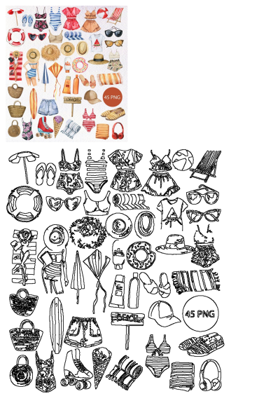 Watercolor beach clipart featuring 45 summer items like swimsuits, hats, sunglasses, bags, towels, and various vacation accessories.