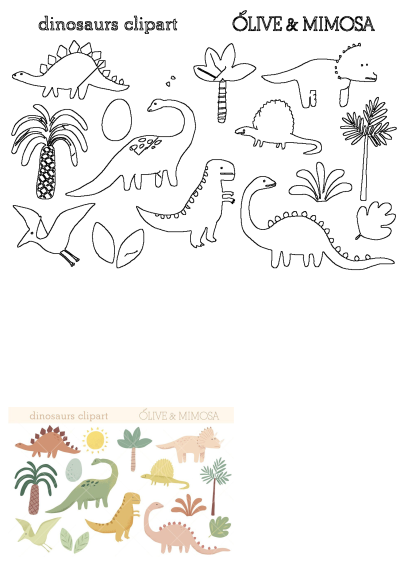 Cute pastel dinosaur and prehistoric plant illustrations, including various species and outline versions for kids' designs.