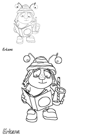 Erkana, a cheerful cartoon creature with a hat and big eyes, enjoys reading a book while sipping from a drink with a straw.