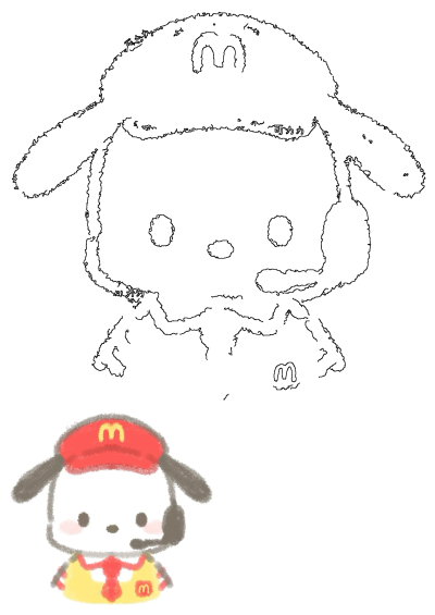 Cute Pochacco dog character wearing a McDonald's hat and uniform with a headset. Includes both outline and colored drawing.
