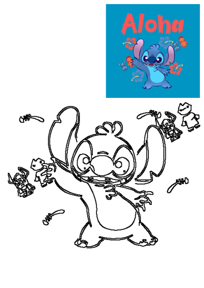 Adorable blue alien Stitch character smiling, surrounded by tropical hibiscus flowers, with "Aloha" text on a vibrant blue background.