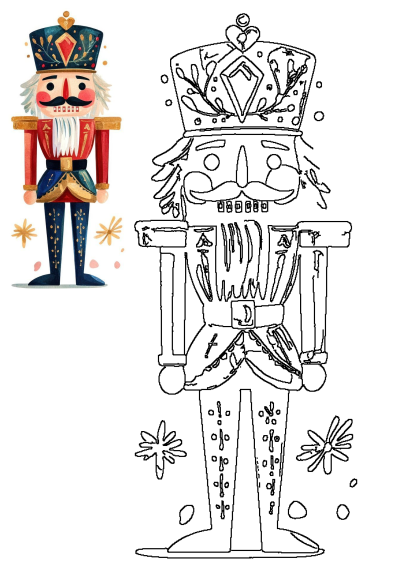 Vibrant watercolor Nutcracker soldier illustration alongside its black and white outline for creative activity.