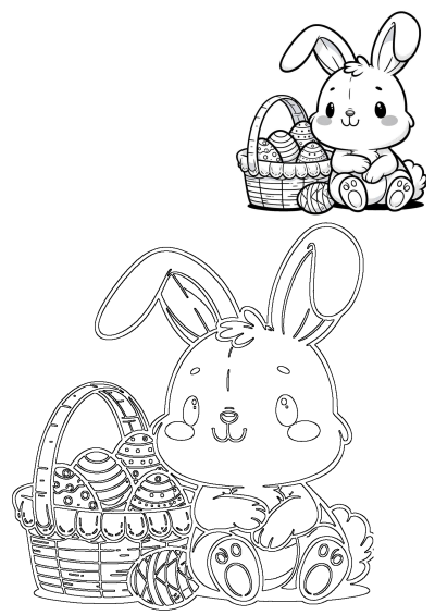 A cute cartoon bunny sits next to an Easter basket full of decorated eggs. This image features both a colored and a line art version.