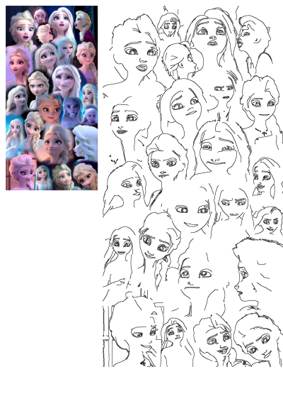 Frozen Elsa character face and hair style variations in a vibrant collage, paired with outline drawings of numerous character faces.
