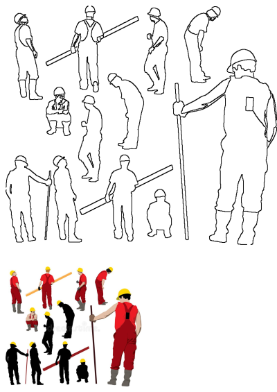 Collection of diverse construction worker silhouettes and outline illustrations in various poses, wearing hard hats for safety.