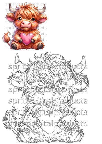 Adorable fluffy baby Highland cow PNG sublimation design with a pink heart. Includes both a vibrant colored version and a black outline.