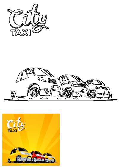 Three cartoon-style City Taxi cars, including yellow and red vehicles, are lined up against a vibrant yellow background with radiating rays.