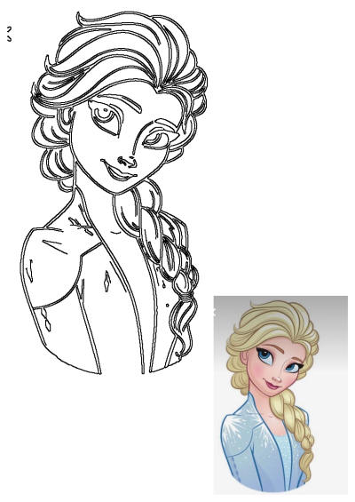 A detailed black outline illustration of Elsa from Disney's Frozen, showcasing her iconic blonde braid and ice dress.