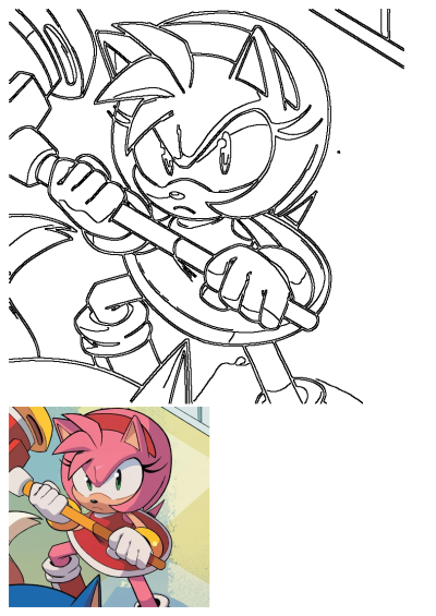 Dynamic line art of Amy Rose from Sonic the Hedgehog, wielding her iconic Piko Piko Hammer in an action-ready comic art style.