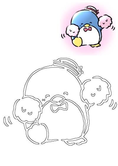 Adorable Tuxedo Sam, a kawaii Sanrio penguin, cheers with pink pom-poms, wearing a bow tie and sailor hat. Also includes a coloring outline.