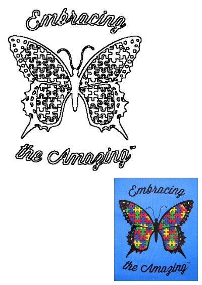 Black and white outline of an autism awareness butterfly with puzzle piece wings, and the text 'Embracing the Amazing'.