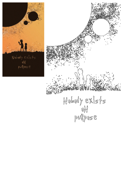 Rick and Morty silhouettes against a cosmic orange sky with planets, featuring the phrase 'Nobody exists on purpose.'