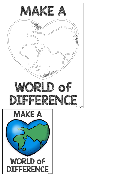 Heart-shaped Earth design, presented as both a black and white outline and a colorful illustration with 'MAKE A WORLD of DIFFERENCE'.