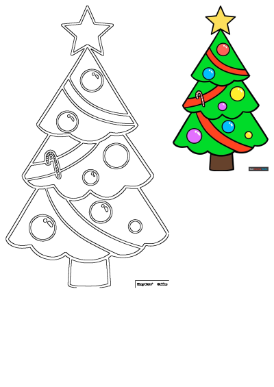 Simple Christmas tree drawing guide featuring outline art and a colorful decorated tree with star, baubles, and candy cane.