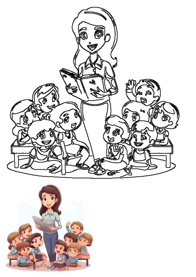Cartoon outline of a teacher or woman reading a storybook to a group of attentive children, fostering literacy and learning.