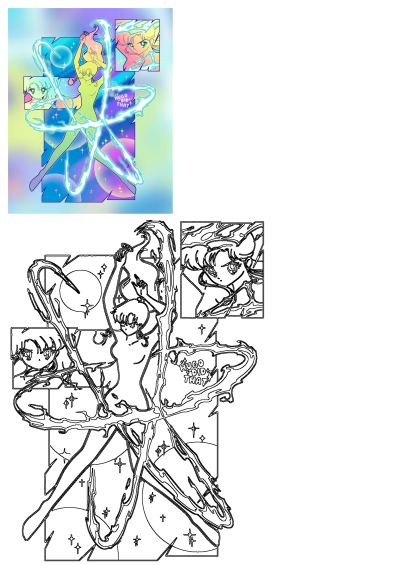 Dynamic anime sword fight illustration featuring a magical girl wielding a glowing energy sword on a vibrant blue and purple background.