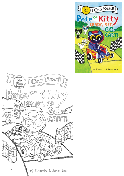 Pete the Kitty Ready Set Go Cart book cover features Pete racing in a go-kart with other cats, checkered flags, and "I Can Read!" branding.