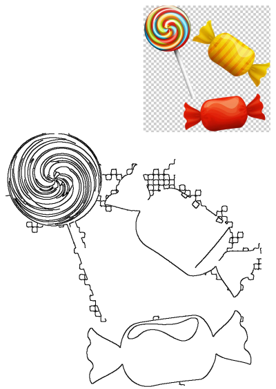 A vibrant rainbow swirl lollipop and two wrapped candies (red, yellow) shown alongside their clean black outline versions.