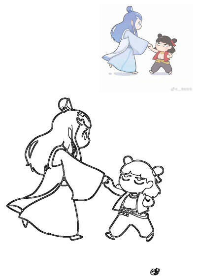 Vibrant cartoon illustration featuring a gentle blue-haired character and a feisty child holding hands, alongside a matching outline drawing.