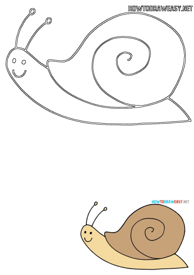 Outline and colored illustration of an easy to draw snail with a spiral shell and smiling face, ideal for drawing tutorials.
